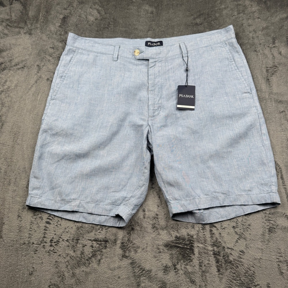 Jos A Bank Glen Plaid Linen Cotton Shorts Mens 40 Tailored Fit Blue NWT